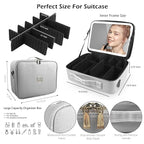 MOMIRA Large Makeup Train Case with Lighted and Mirror 14inch Partitionable Cosmetic Bag Travel Makeup Case Professional Cosmetic Artist Organizer, Waterproof Portable, with Shoulder Stra Silver