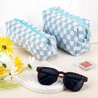 2Pcs Checkered Pencil Case Cute Pencil Pouch for Teens Checkered Makeup Bag Travel Cosmetic Bag Set Cute Makeup Pouch for Purse Portable Zippered Skincare Bags Preppy Toiletry Bags Organizer(Blue)