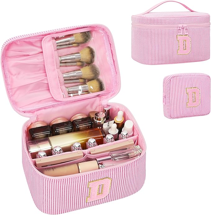 Monogram Cosmetic Bag with Brush Holder,Gifts for Girls Teen Girls-Initial Makeup Bag|Personalized Gifts for Women Friends|Cute Toiletry Make Up Traveling Stuff Organizer 2PCS Pink D