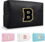 Personalized Initial Travel Preppy Makeup Bag, Small Cute Black Cosmetic Pouch Monogram Toiletry Organizer with Zipper, Waterproof PU Make Up Bags Storage Birthday Bridal Shower Women Gift (Letter B)