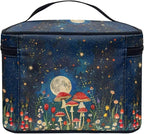 Vintage Mushroom Moon Starry Night Print Makeup Bag for Women Ladies Portable Cosmetic Bag with Zipper and Carry Handle Make Up Tote Bags Toiletry Case Organizer