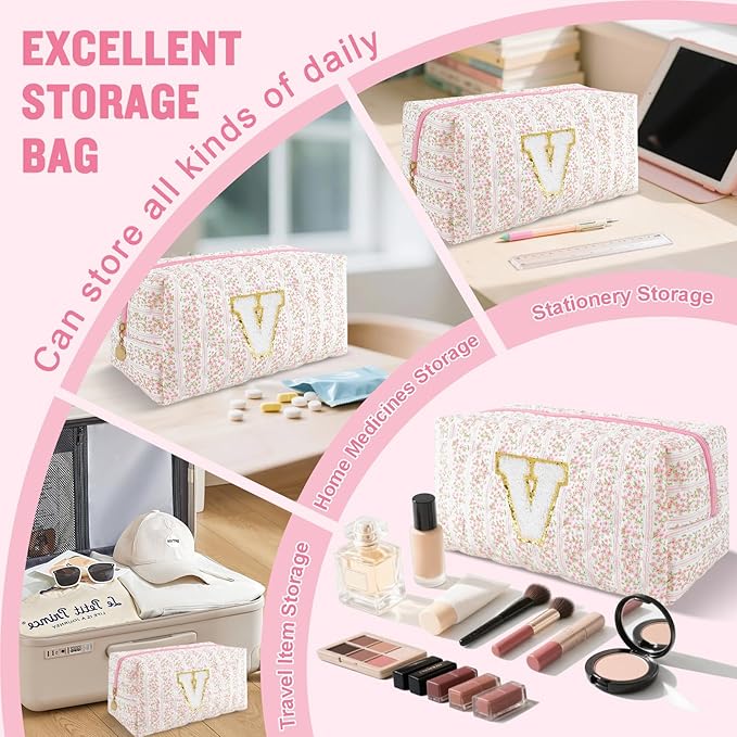 Personalized Quilted Cosmetic Bag, Puffy Monogrammed Christmas Birthday Gifts for Women & Girls, Cute initial Floral Makeup Bag Puffer Coquette Bag, Aesthetic Travel Toiletry Zipper Pouch(Pink,V)