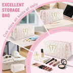 Personalized Quilted Cosmetic Bag, Puffy Monogrammed Christmas Birthday Gifts for Women & Girls, Cute initial Floral Makeup Bag Puffer Coquette Bag, Aesthetic Travel Toiletry Zipper Pouch(Pink,V)