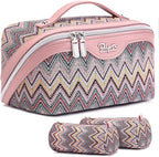 BOYATU Travel Makeup Bag for Women: Western Boho Make up Bag Set of 3 - Large Capacity Vegan Leather Cosmetic Bag - Waterproof Toiletry Bag with Compartments & Handle & Divider(J-1-Pink)