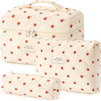 HBselect Quilted Makeup Bag, 3PCS Cotton Large Travel Makeup Bag, Cute Floral Coquette Make up Bag Cosmetic Bag Toiletry Bag for Women Girls