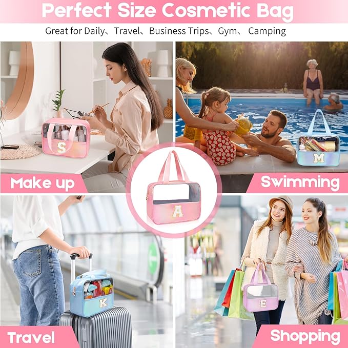 Initial Clear Makeup Bag Personalized Pink Clear Cosmetic Bag, Cute Large Make Up Bags Organizer Bag, Travel Toiletry Bag for Women Girl Gifts H (Pink)