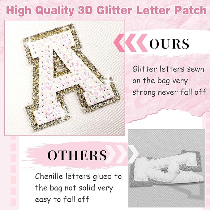 Small Initial Patch Makeup Bag Personalized Gifts Make Up Bag,White Cute PU Leather Glitter Letter Cosmetic Bag with Zipper,Trendy Portable Travel Toiletry Pouch,Preppy Stuff for Teen Girls Women F