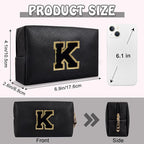 Personalized Small Preppy Makeup Bag, Chenille Letter Black Initial Cosmetic Zipper Pouch Toiletry Organizer, Waterproof PU Leather Make Up Storage Travel Essentials for Female Girl Teacher(Letter K)