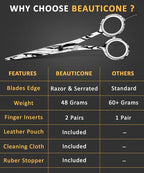 BEAUTICONE ® Hair Cutting Scissors - High Carbon SS 6.5" Professional Barber-Grade Salon Shears with Serrated & Razor Edge - Black Premium Gift Box with Leather Pouch & Extra Accs - Ultra Lightweight