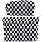 ZLFSRQ 2Pcs Checkered Makeup Bag for Women Large Small Checkered Cosmetic Bag Set Aesthetic Preppy Pencil Case Cute Pencil Pouch Black Makeup Pouch for Purse Travel Toiletry Bags Zipper Skincare Bags