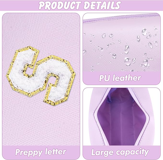 Gifts for Girls Initial Makeup Bag Personalized Cosmetic Bag with Zipper Cute Travel Toiletry Bag Waterproof PU Preppy Makeup Pouch Birthday Gift for Teen Girls Women(Purple S)