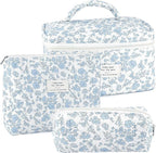 3Pcs Makeup Bag Quilted Cosmetic Bag Set Bow Travel Large Makeup Pouch for Women Cute Portable Cotton Toiletry Bag Skincare Organizer Coquette Vintage Travel Essential