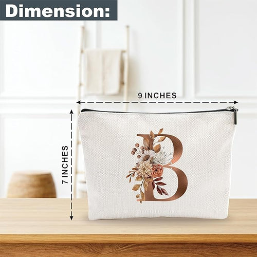A-Z Boho Personalized Cosmetic Bag-Floral Cotton Letter Makeup Bag With Zipper-Artistic Cosmetic Bag For Travel-Bride,Birthday Gift For Women Daughter Friends-Women Makeup Organizer-A02