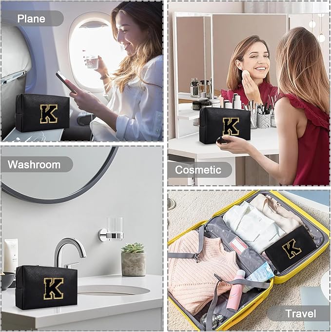 Personalized Small Preppy Makeup Bag, Chenille Letter Black Initial Cosmetic Zipper Pouch Toiletry Organizer, Waterproof PU Leather Make Up Storage Travel Essentials for Female Girl Teacher(Letter K)