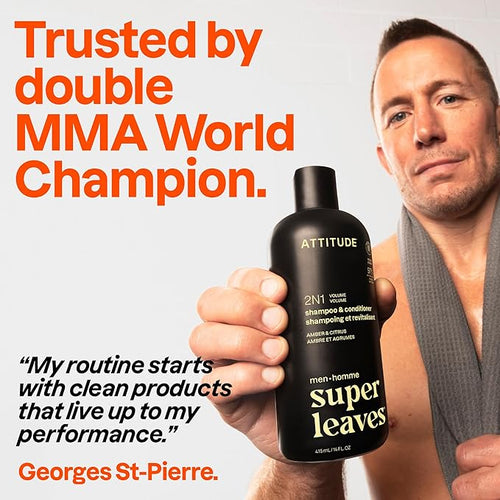 ATTITUDE Men's Shampoo and Conditioner 2-in-1, Volumizing for Thin Hair, With Rosemary and Rice Protein, 97% Natural Origin Ingredients, EWG Verified, Amber & Citrus, 14 Fl Oz