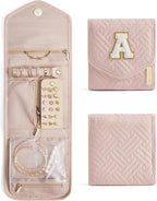 BAGSMART Travel Jewelry Organizer Case A Initial Foldable Jewelry Roll for Journey Rings, Necklaces, Earrings, Bracelets,Mini,Letter A,Soft Pink