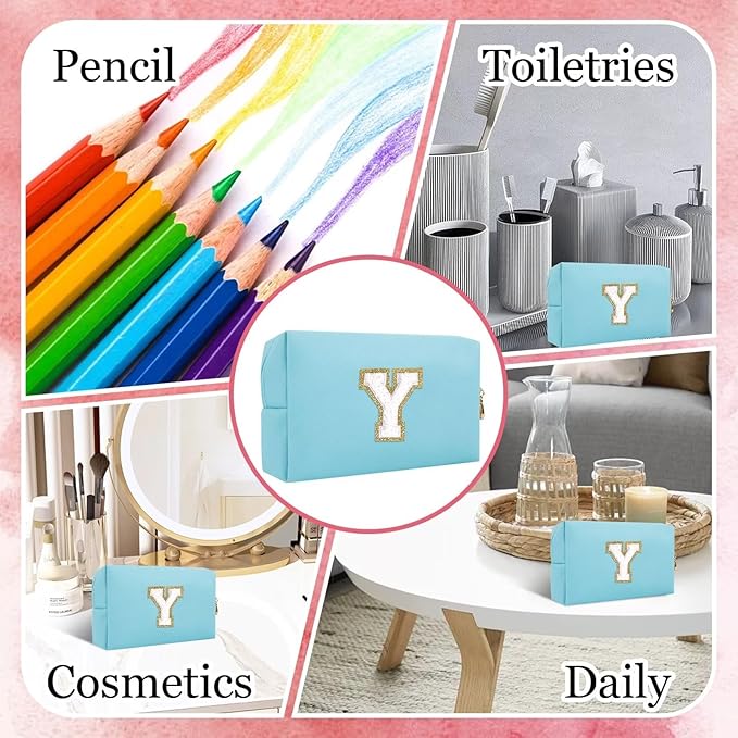 Small Personalized Letter Makeup Bag, Cute PU Leather Chenille Letters Cosmetic Bag Travel Makeup Pouch, Preppy Travel Organizer Zipper Pouch for Women&Girls（Blue-Y）