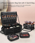 TANTO Makeup Backpack Makeup Artist Bag Professional Extra Large Cosmetic Bags Travel Train Case Storage Organizer Double-Layer Cosmetic Case with 4 Pouch and Brush Organizer (Black, two piece)