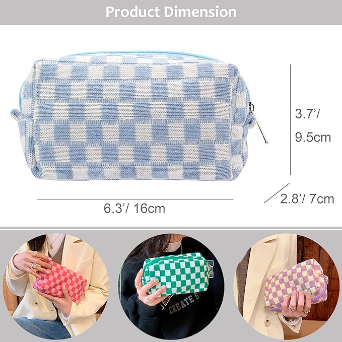 PAZIMIIK Checkered Makeup Bag for Purse Portable Zipper Make Up Pouch Small Cosmetic Case for Travel Accessories (2PCS Blue)