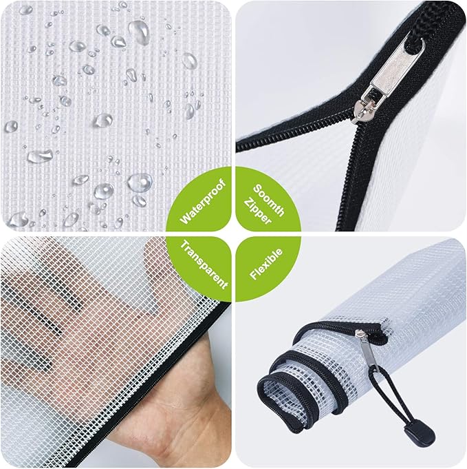 12 Pcs Plastic Mesh Zip File Bags, Waterproof Tear-Resistant Document File Folders, A5 Size Zipper Documents Pouch Document Organizer Bags for School Office Home Travel Storage(9.4×7.1Inch)