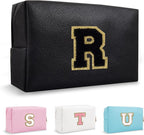 Small Travel Initial Preppy Makeup Bag, Personalized Black Cute Cosmetic Organizer Chenille Letter Toiltery Zipper Pouch for Purse, Waterproof Makeup Storage Gifts for Female Teacher Friend(Letter R)