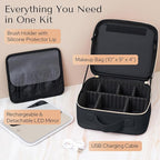 Makeup Bag with LED Mirror – Travel Cosmetic Organizer with Lighted Mirror, Adjustable Dividers & Brush Holder Storage – Portable PU Leather Makeup Case for Women & Girls - Black