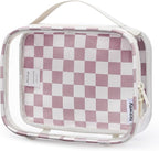 Narwey TSA Approved Clear Toiletry Bag for Travel, Waterproof PVC Clear Makeup Bags, Portable Compact Cosmetic Bag Make Up Organizer, Airport Airline Quart Size Compliant Bag (Dusty Pink Checkerboard)