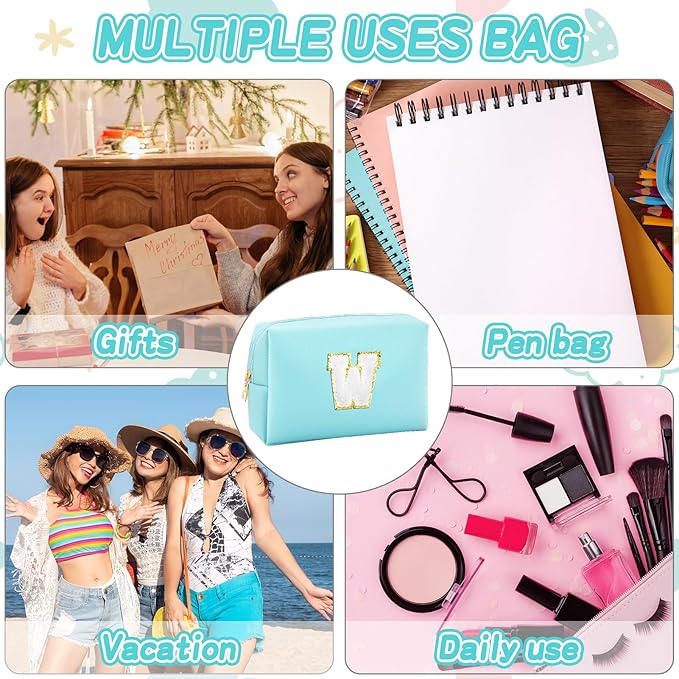 Gifts for Girls Initial Makeup Bag Personalized Cosmetic Bag with Zipper Cute Travel Toiletry Bag Waterproof PU Preppy Makeup Pouch Birthday Gift for Teen Girls Women(Blue W)