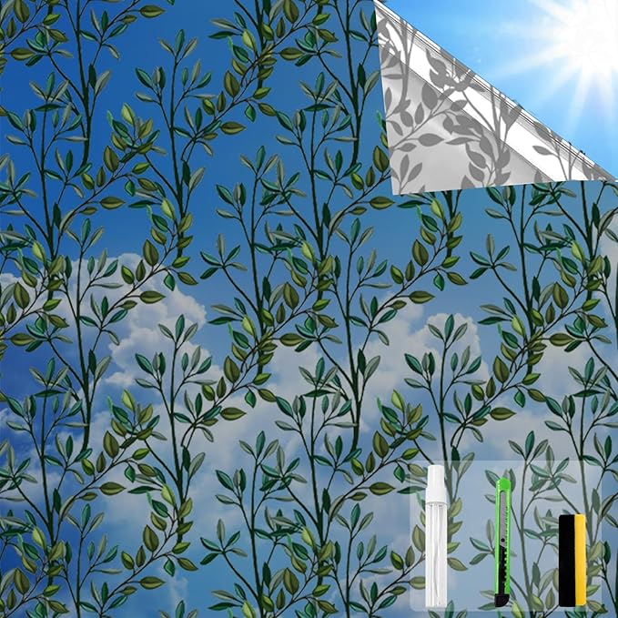One Way Privacy Film, Window Tint for Home,Daytime Reflective, Anti UV Static Cling Sliding Door Coverings No Glue Garage Solar Paper (Black - Silver-Leaves, 23.6 x 78.7 in)