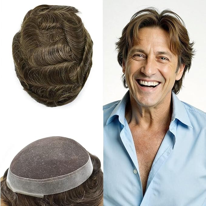 FACE MIRACLE Mens Toupee Lace Front Hairpieces Soft Human Hair Replacement System Natural Hairline Toupee for Men French Lace Poly V-Looped 8"X10" #410 4# MEDIUM BROWN WITH 10% SYNTHETIC GREY