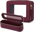 Pinkmik Travel Clear Makeup Bag with Brush Case TSA Approved Toiletry Bag Waterproof Cosmetic Organizer with Zipper Car Essential for Women (X/Burgundy, M+SLIM)