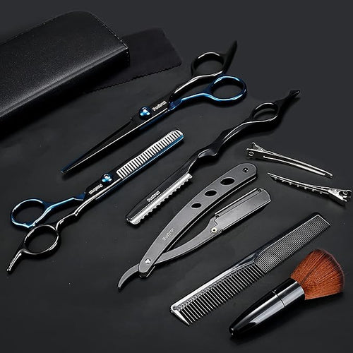 Barber Hair Cutting Scissors Set, Fozirut Professional Haircut Scissors Thinning Shears Straight Edge Razor Barber Accessories Hair Trimming Kit, Hairdresser Tools Haircutting Shears Pro for Men Women