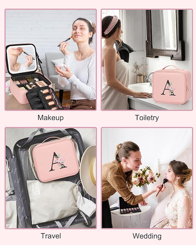 Relavel Initial Makeup Bag with LED Mirror for Women Girls, Personalized Travel Cosmetic Organizer Train Case, Birthday Gifts for Grandkids Bridesmaid Graduation Teacher Friends, Trendy Stuff, Pink E