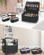 Relavel Rolling Makeup Train Case with Large Makeup Case, Hairstylist Traveling Bags with 5 Small Clear Bags, Cosmetology Case on Wheels, Hair Tools and Cosmetics Storage Organizer Trolley Suitcase