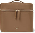 Vanity Cosmetic Case - Stylish Travel Makeup Bag for Women with Removable Wet Pouch, Upright Bottle Design, Clear Top Pocket, Leather Handle, Travel Essentials, Toiletry Organizer - Light Brown