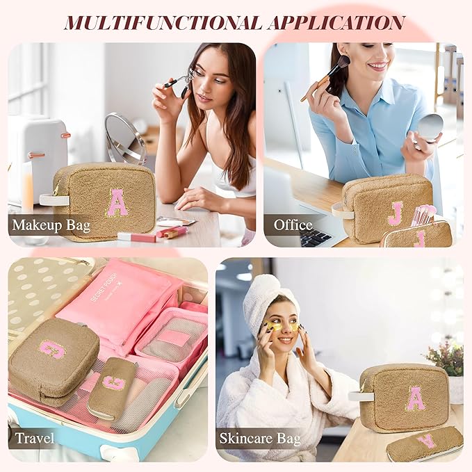 for Christmas Day Gifts, Personalized Initial Cosmetic Bag Pouch for Teen Girls, Preppy Makeup Travel Bags for Daughter Sister Girlfriend, Monogramed Make Up Pouch for Birthday Gifts - Brown W