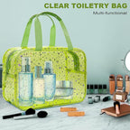 Clear Green Star Large Makeup Bag with Star Pattern 12x5x8 inch, Travel Cosmetic Bag with Handle, Durable PVC Material Washbag Zipper Opening Design for Makeup Travel Organizer or Gym Use
