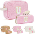 2PCS Makeup Bag with Initials, Christmas Day Gifts for Teen Girls Trendy Stuff, Personalized Cosmetic Travel Bag Pouch for Granddaughter, Cute Plush Make up Bags for Birthday - Pink U