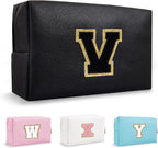 Personalized Initial Preppy Patch Makeup Bag, Travel Toiletry Zipper Pouch Cute Black Cosmetic Organizer Small Makeup Bag for Purse, PU Chenille Letter Make Up Bags Storage Gifts for Women(Letter V)