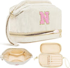 Makeup Bag for Girls Gift, Personalized Christmas Gifts Initial Women Makeup Bag for Travel, Double Layer Cosmetic Bag with Brush Organizer Preppy Make up Bag for Teen Girl Trendy - N