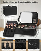 Relavel Makeup Train Case With LED Mirror, Professional Travel Cosmetic Bag with Removable Partitions, Compact Makeup Organizer with Separate Brush Board, Waterproof Travel Case for Women, Black