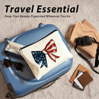 Coquette American Flag Bow Makeup Bag, Gifts for Patriotic Women Cosmetic Bag, Preppy Red White and Blue Bow Small Toiletry Bags Zipper Makeup Pouch