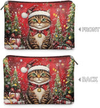 COEQINE Christmas Tree Cat Cosmetic Bag for Women Leather Waterproof Phone Pouch Travel Makeup Bag Large Capacity Waterproof Portable Wallet Handbags with Zipper Ladies Xmas Gifts
