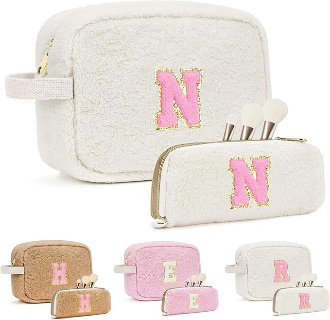 for Christmas Day Gifts, Travel Makeup Bag for Women, Initial Make Up Bag Set for 6 7 8 9 10 11 12 13 Years Old Kids Tween Girls, Large Cosmetic Skincare Bags for Birthday Gifts, White N