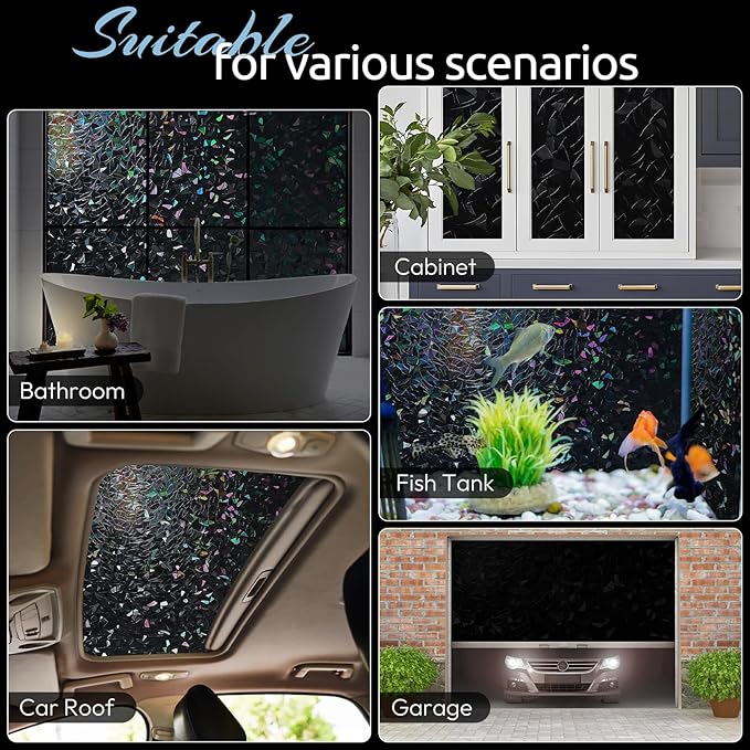 rabbitgoo Window Privacy Film Rainbow Film Decorative Window Sticker, 3D Static Stained Glass Cling Tint for Room Darkening Day Sleep, Black, 17.5 x 118.1 inches
