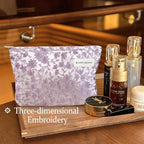 STARDW Aesthetic Floral Makeup Bag Cute Small Cosmetic Bags for Women Girls, Travel Toiletry Bag Large Capacity Zipper Makeup Pouch, Purse Organizer Pouches (Embroidery Purple)