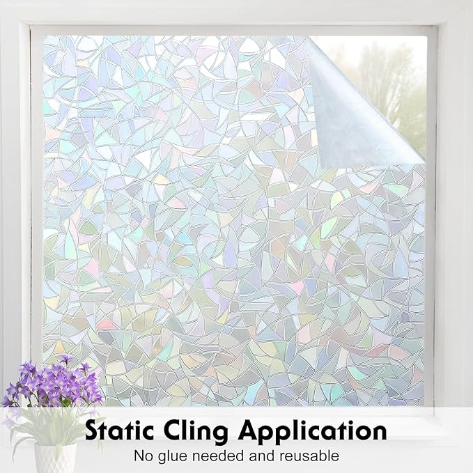 Volcanics Rainbow Window Privacy Film with Installation Tools, Decorative Stained Glass Window Film, Static Cling Heat Control Window Tinting Film Stickers, Grayish Silver, 23.6 x 78.7 inches