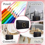 Small Personalized Letter Makeup Bag, Cute PU Leather Chenille Letters Cosmetic Bag Travel Makeup Pouch, Preppy Travel Organizer Zipper Pouch for Women&Girls（Black-O）