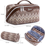 BOYATU Travel Makeup Bag for Women: Western Boho Make up Bag Set of 3 - Large Capacity Vegan Leather Cosmetic Bag - Waterproof Toiletry Bag with Compartments & Handle & Divider(J-2-Brown)