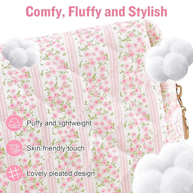 Personalized Quilted Cosmetic Bag, Puffy Monogrammed Christmas Birthday Gifts for Women & Girls, Cute initial Floral Makeup Bag Puffer Coquette Bag, Aesthetic Travel Toiletry Zipper Pouch(Pink,J)